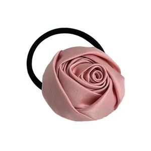 Pink satin 3D rose hair scrunchie with high elasticity black band for elegant ponytail