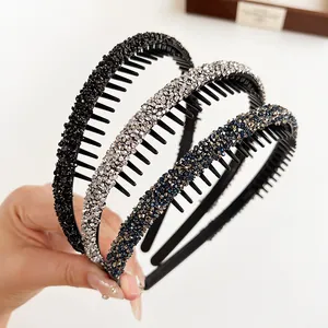 Three-piece sparkling rhinestone headband set with anti-slip teeth in black and silver
