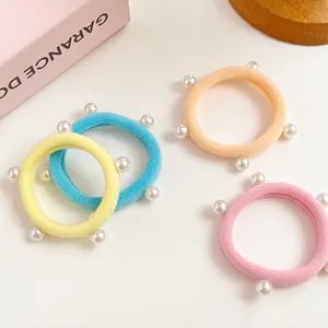 Lot de 4 chouchous à perles néon jaune bleu rose et orange en tissu velours doux et souple