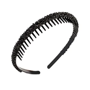 Sparkling black rhinestone headband with non-slip teeth for secure daily wear