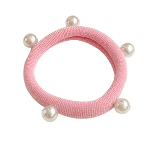 Élastique à cheveux rose avec perles blanches, haute élasticité pour queue de cheval