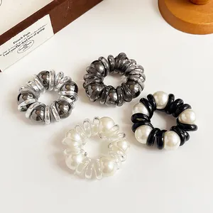 French Vintage Style Artificial Pearl Telephone Wire Hair Tie Spiral Elastic Non-Marking Hair Ring For Women Thick Hair Accessories Pony Tail Holder
