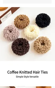 Detail view of six multi-colored plush scrunchies in coffee and cream tones with soft texture