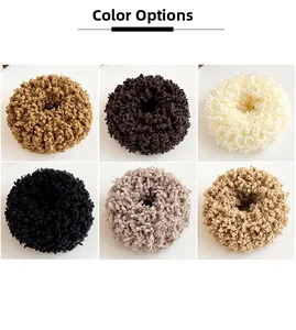 Detailed grid view of six plush hair ties in caramel, brown, white, and black colors
