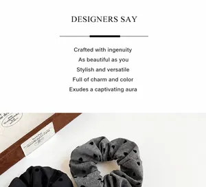 Detailed view of polka dot and heart pattern fabric scrunchies with pleated texture