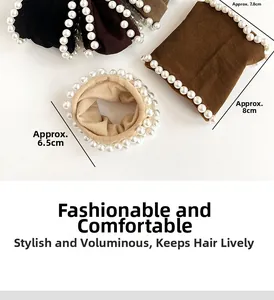 Detailed size comparison of elastic pearl hair ties in various neutral earth tones