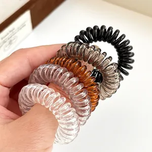 Set mit 5 elastischen Spiral-Haargummis in Schwarz, Bernstein und Transparent in der Hand