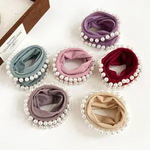 Korean Style Elegant Faux Artificial Pearl Widened Hair Tie High Elasticity Fabric Scrunchie For Women Daily Headwear Accessories
