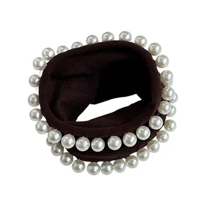 Elastic wide brown pearl hair scrunchie with double row pearls for women hairstyles