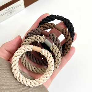 Five-piece set of thick elastic braided hair ties in neutral earth tones and matte buckles
