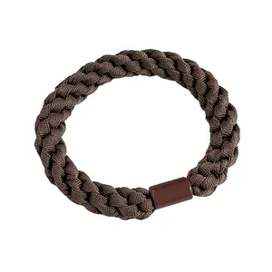 Coffee brown braided hair tie with thick elastic cord and secure plastic fastener