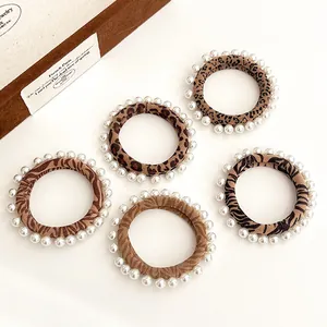 Elegant Leopard Print Imitation Pearl Hair Tie High Elasticity Nylon Scrunchies Fashion Zebra Stripe Hair Accessories For Women