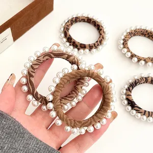 Elegant animal print hair scrunchies with white pearls for women high elasticity ponytail