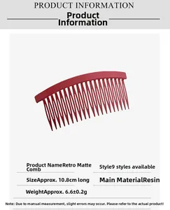 Detail view of a 10.8cm red matte resin hair comb with vintage crescent teeth structure