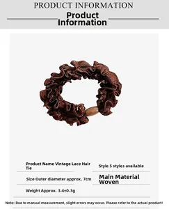 Detail showing retro coffee lace hair tie with oval bead, 7cm diameter and woven texture