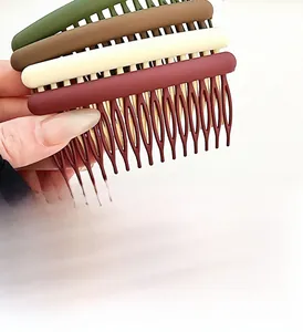 Set of four matte textured hair side combs in olive green, brown, cream, and burgundy colors