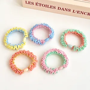 Korean Sweet Color Blocking Ruffle Scrunchie With Plastic Bead High Elastic Ponytail Holder Fabric Hair Tie For Women Girls Daily Hair Accessories