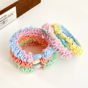 Set of 6 colorful pleated hair scrunchies with elastic bands and decorative beads