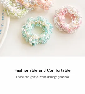 Detailed macro of colorful crochet hair scrunchies with thick wool texture