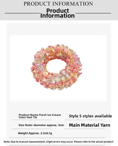 Detail view of colorful crochet ice cream style hair tie showing 5cm diameter size
