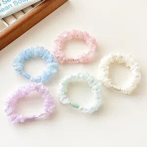 Sweet Korean Pearlescent Organza Scrunchie For Women Girls Pleated Floral Heart Print Elastic Hair Ties Macaron Ponytail Holder