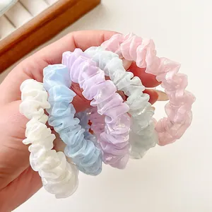 5-piece pastel organza scrunchies set with iridescent heart prints for hair styling