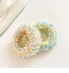 Detail of high-elastic macaron mixed color hair ties with a unique fuzzy loop texture
