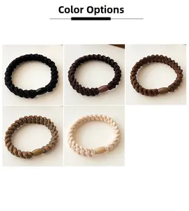 Detail showing five colors of braided high-elastic hair ties with spiral fiber texture