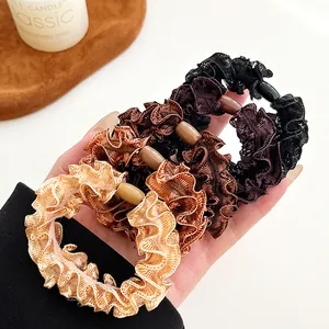 Set of 4 thickened lace hair ties in cream and coffee colors with elegant accent beads