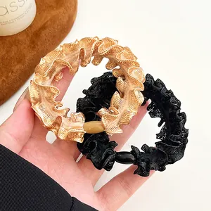 Lace ruffled hair scrunchies in champagne and black set with decorative beads