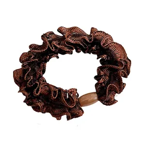 Brown ruffled lace scrunchie with a coffee resin bead and high elasticity design