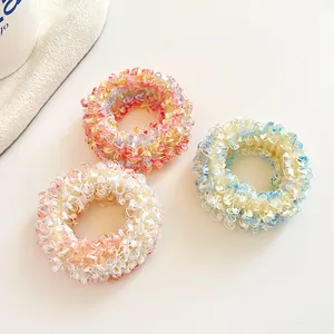 Three-piece set of colorful pastel elastic hair ties with pleated chiffon fabric texture