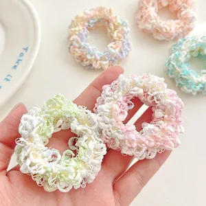 Colorful macaron woven hair scrunchies with elastic thick knit design for girls