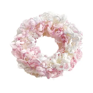 Pink and white candy-colored fluffy hair scrunchie with high elasticity and thick knit texture