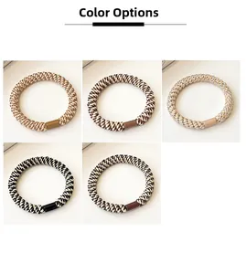 Detailed view of 5 woven high-elastic hair ties in cream and coffee color options