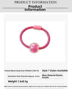 Detail showing pink striped kids hair elastic with acrylic beads and 3.5cm diameter