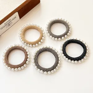 Lot de 5 chouchous perlés élastiques de haute qualité en beige, gris et noir