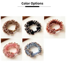 Detailed view of elastic hair ties in five colors with lace edges and oval buckles