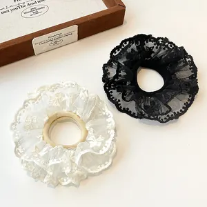 Elegant French Vintage Double Layer Lace Scrunchie High Elastic Hair Tie Flower Edge Ponytail Holder Women Hair Accessories