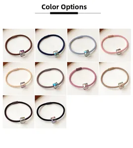 Color options of elastic hair ties featuring colorful ropes and crystal cube beads