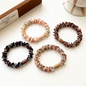 Lot de 4 chouchous élastiques à pois avec perles et boucles en résine tons terre