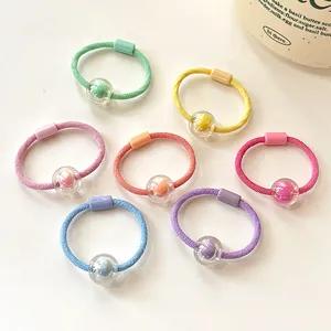 Candy Color Children Hair Ties High Elastic Nylon Hair Rings With Transparent Beads For Kids Girls Cute Ponytail Holders