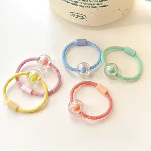 Set of 5 candy-colored high-elastic kids hair ties with clear beads and pom-poms