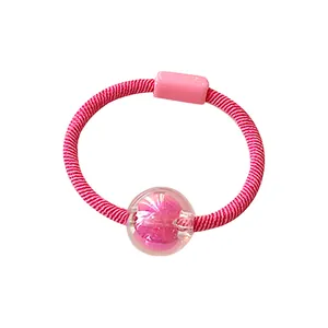 Pink candy-colored beaded elastic hair tie for girls with transparent sphere charm