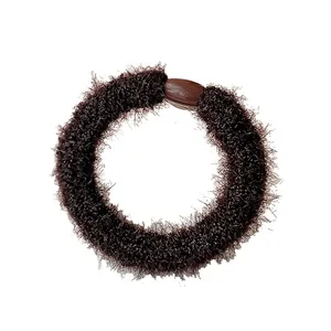 Thick elastic plush hair tie in dark brown with a smooth resin bead for women's ponytails
