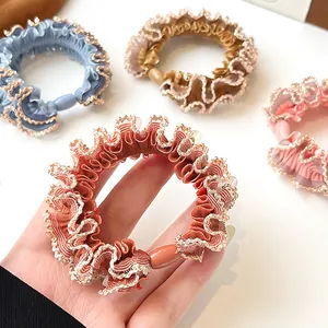 Set of thick high-elastic lace hair ties in multiple colors with golden trim and beads