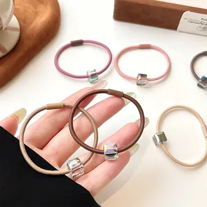 High-elastic hair ties in Morandi colors with iridescent cube crystal beads set of 5