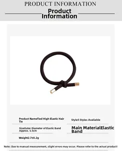 Close-up of brown knotted elastic hair tie with gold metal caps and size markings
