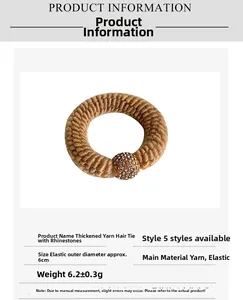 Detail view showing thick khaki knit hair tie texture with rhinestones and dimensions