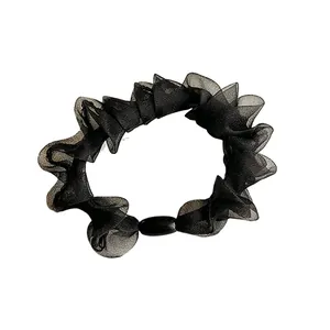 Black organza scrunchie with center bead detail for high ponytail hairstyles